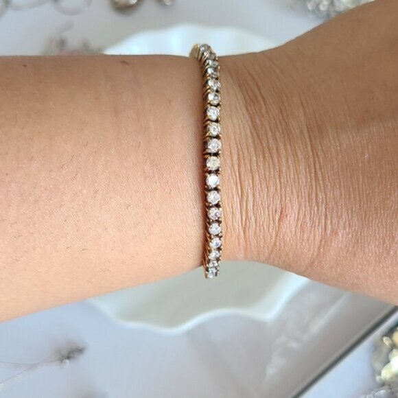 Vintage Gold Tone Sterling Silver Quiet Luxury CZ Crystal Tennis Prep Bracelet - Picture 6 of 6